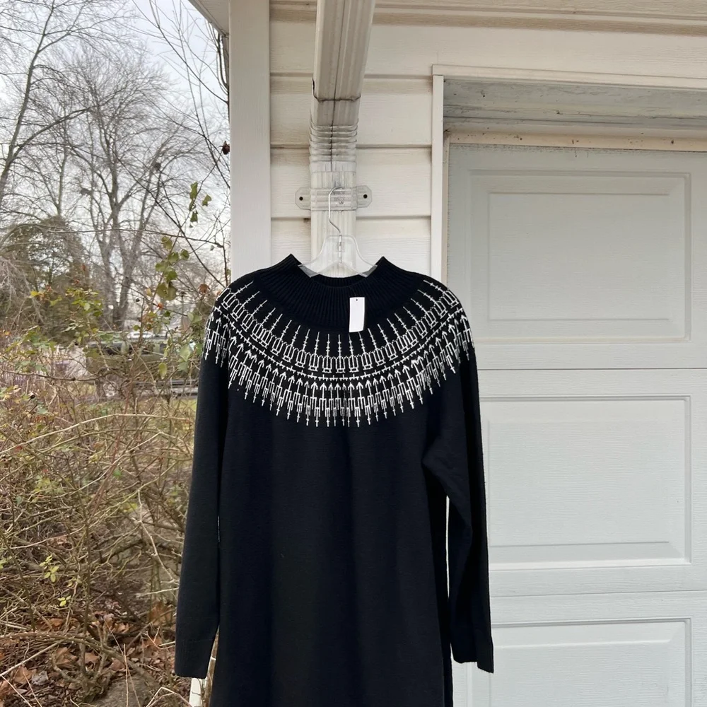 NWT Talbots Perfect For Boots! Black White High Neck Fair Isle Sweater Dress - Picture 3 of 4